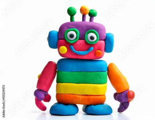 rainbow funny Robot molded from plasticine modeling clay isolated on white background
