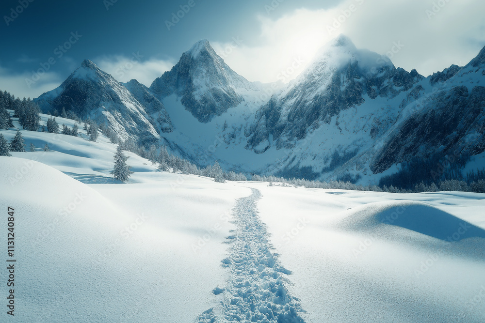 Fototapeta premium Majestic snowy mountains with a visible hiking path under a bright sky. Generative AI