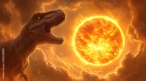 Dinosaur roars at the fiery sun in a dramatic prehistoric landscape while fire ball is  falling down,the last day of dinosours iluustration photo