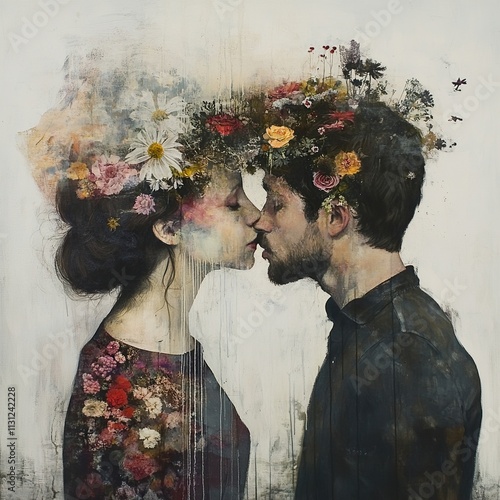 Romantic Couple Kissing with Floral Crowns photo