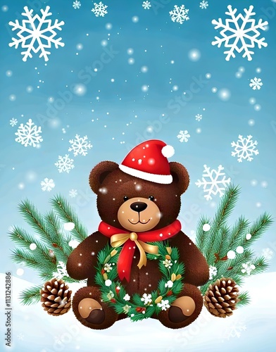 beautiful Christmas scene of teddy bear wearing Santa hat