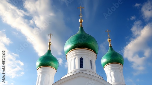 A white church with green domes against a blue sky photo