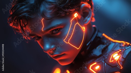 High-Tech Human with Illuminated Orange Neural Design - made with Generative AI photo