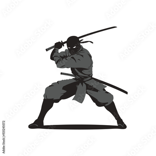 Japanese Ninja With Katana Fighting Pose Silhouette Vector Illustration