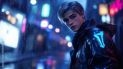 Stylish Young Man in a Neon-Lit Rainy Alley - made with Generative AI photo