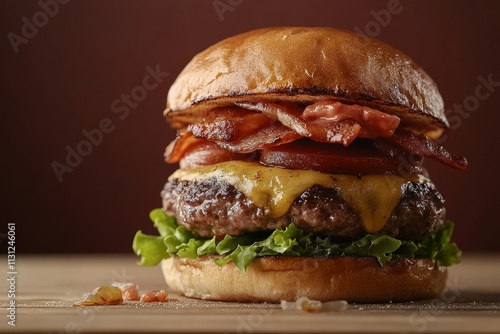 Juicy cheeseburger stacked with crispy bacon and fresh lettuce served on a toasted bun photo