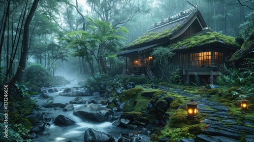 a Japanese house by a stream in a misty forest with moss and glowing lantern