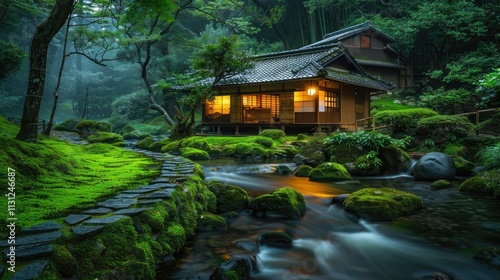 a Japanese house by a stream
