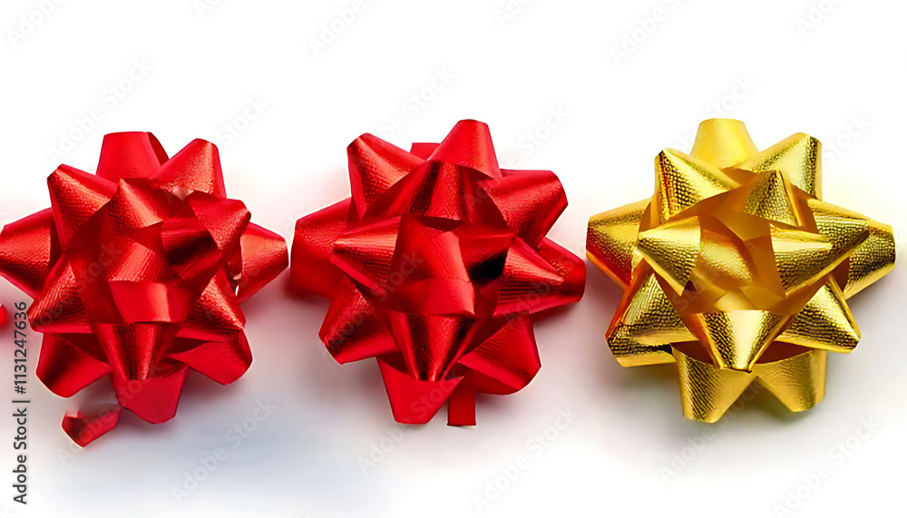 Red and gold gift bows in a row, shiny and festive, isolated on a white background. Red and gold gift bows in a row, shiny and festive, isolated on a white background.