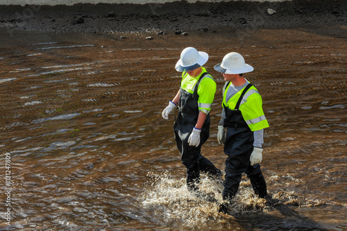 Fotografía Water canal workers wearing rubber boots, black waders, and white hard hats walk