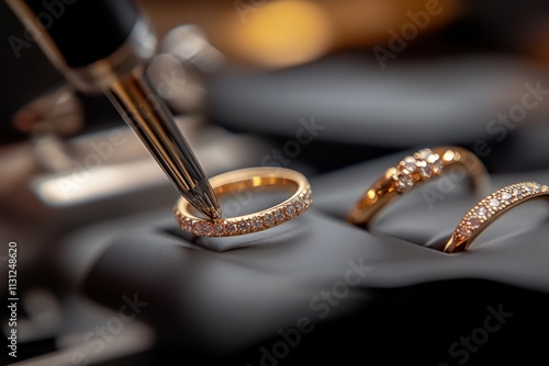 Close-up of gold rings being examined with a fine point pen in a jewelry display setting photo