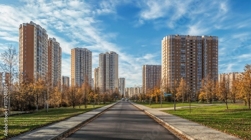 Modern Urban Residential Complex in Warm Autumn Colors against Clear Sky