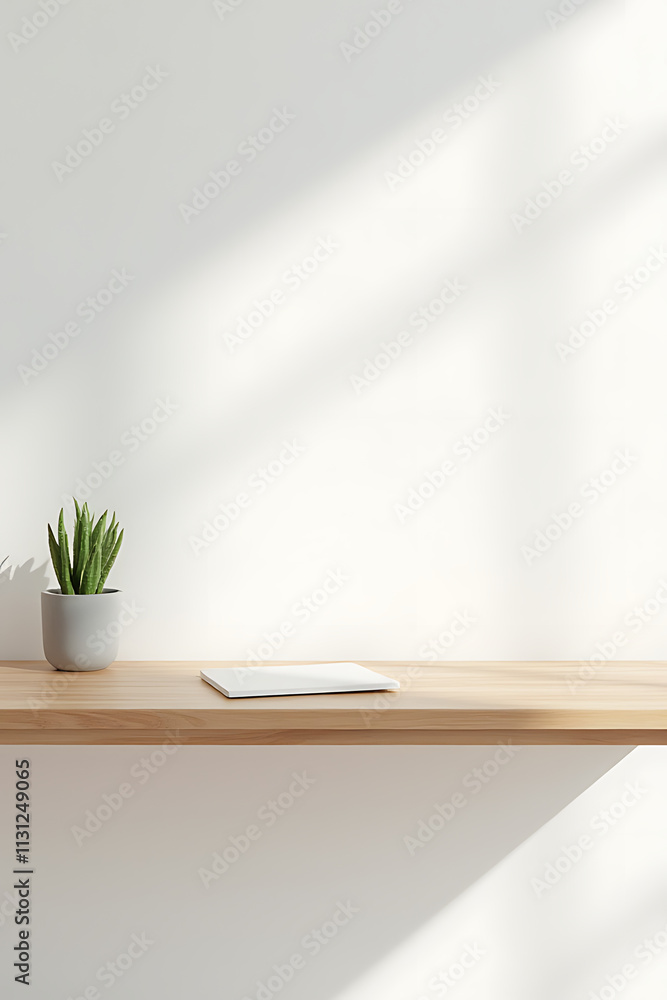 Fototapeta premium White office space features a real wood table top as its central focal point amidst a minimalist backdrop._00001_