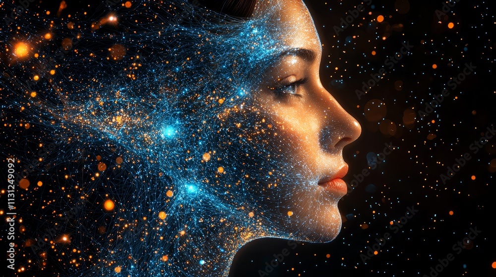 Obraz premium A woman's face is surrounded by glowing lines and dots