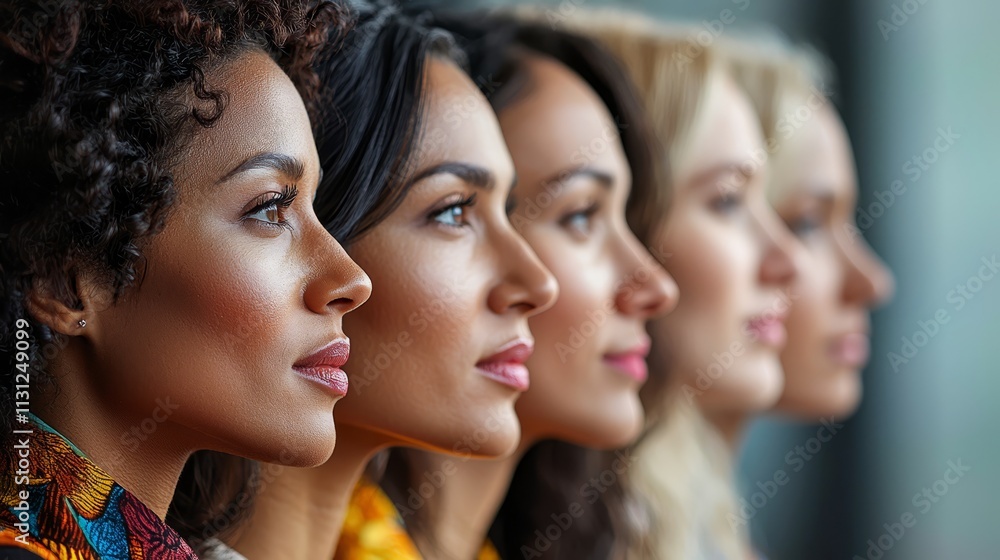 Obraz premium A group of women standing in a row looking away from the camera