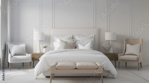 An elegant and refined master bedroom design boasting a pure white canvas backdrop, Minimalist bedroom furniture arranged for comfort and style, Luxury minimalist style photo