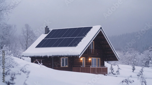 Cozy cabin with solar panels in snowy winter landscape