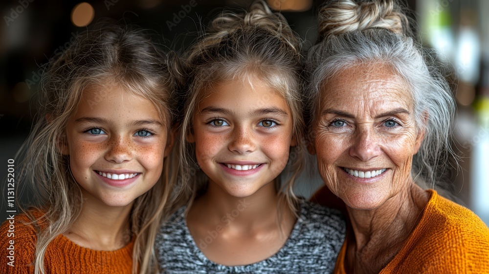 Fototapeta premium A woman and two young girls are smiling for the camera