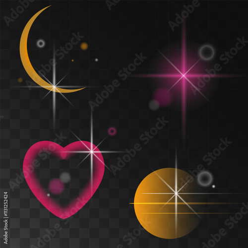 The effect of a bright flickering flash with rays and highlights of light on a dark background. Glowing bright light explosion effect. Flashes of light rays and the moon vector illustration. Pink hear