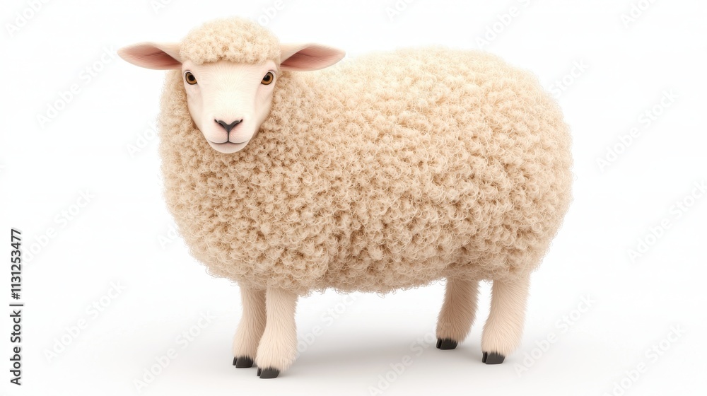 Obraz premium A fluffy sheep stands on a white background, showcasing its thick wool and gentle features.
