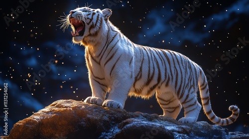 Majestic white tiger roaring on a rock against a starry night sky.