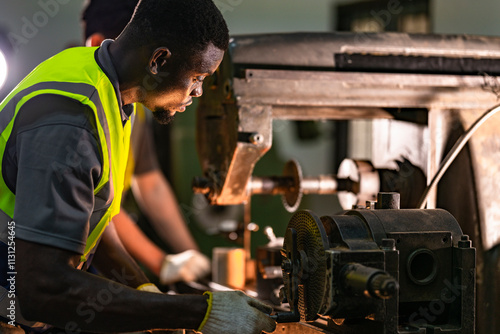 Focused industrial technician operating heavy machinery with precision. Wearing ear protection and safety gear, the professional works in a brightly lit workshop, emphasizing safety and expertise. photo