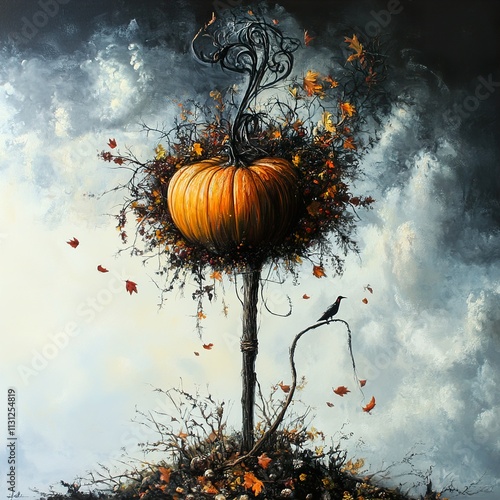 Autumn Pumpkin Tree: A Whimsical Fantasy Painting