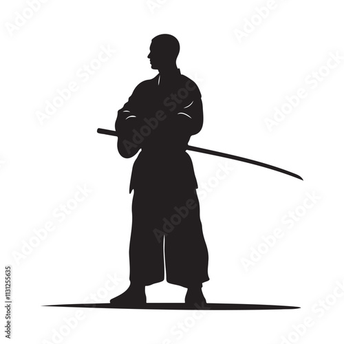 A Shaolin With Long Sword Standing Pose Silhouette Vector Illustration