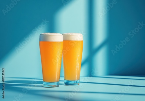 Freshly Poured Beers in Clear Glasses Against a Bright Teal Background with Soft Shadows Highlighting the Refreshing Aroma of the Beverage photo