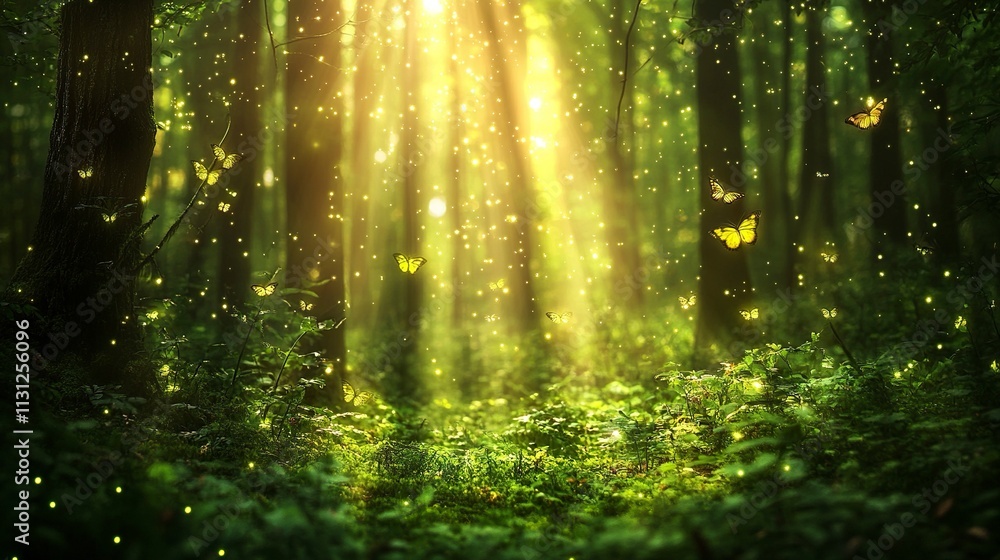 Obraz premium blurry green nature forest landscape background with sunlight flare, blurred bokeh natural backdrop.