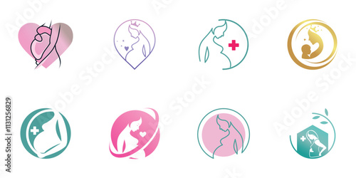 mom and baby logo design collection with modern unique style premium vector