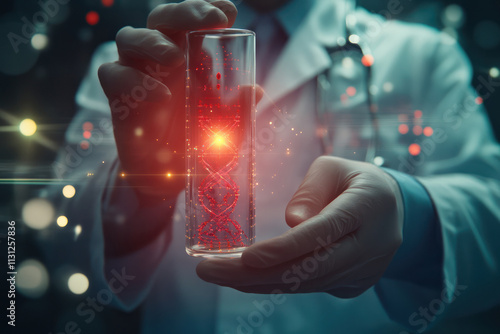 Double exposure of doctor or scientist holding glass tube,with molecular and DNA structure and red blood cells sample inside,concept healthcare ,medical,science,technological development