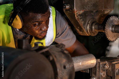 Focused industrial technician operating heavy machinery with precision. Wearing ear protection and safety gear, the professional works in a brightly lit workshop, emphasizing safety and expertise. photo