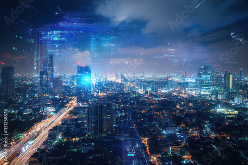 Wallpaper Mural Double exposure of business cityscape at night as business concept Torontodigital.ca