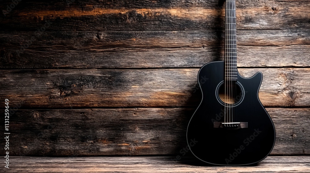 Fototapeta premium A black acoustic guitar sitting on top of a wooden floor