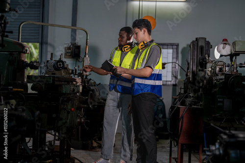 Two industrial engineers in high-visibility vests collaborate in a workshop. One holds tablet, pointing at equipment, discussing plans. Ear protection and gloves emphasize safety and professionalism. photo