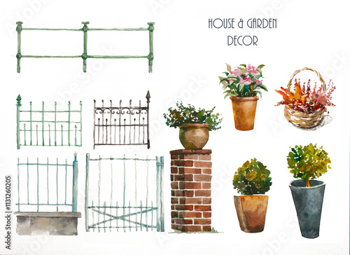 Watercolor elements of metal garden fences and greenery in a pots