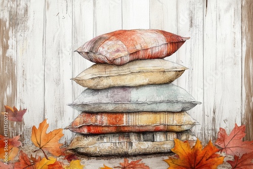 Watercolor illustration of a cozy stack of patterned pillows in warm autumn hues with scattered leaves on a rustic wooden background photo