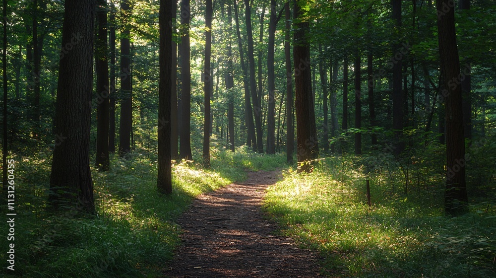 Obraz premium Forest trail with dappled sunlight filtering through the trees
