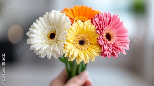 A person holding a bunch of colorful flowers in their hand
