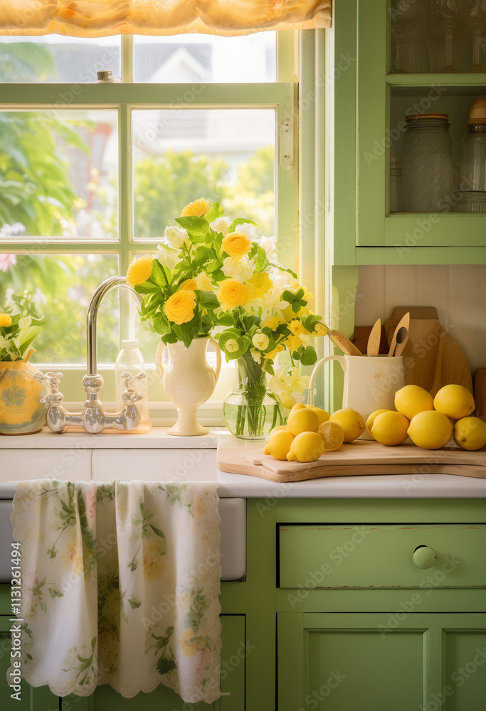 custom made wallpaper toronto digitalKitchen with big window and bouquet of plants in vase and lemons.