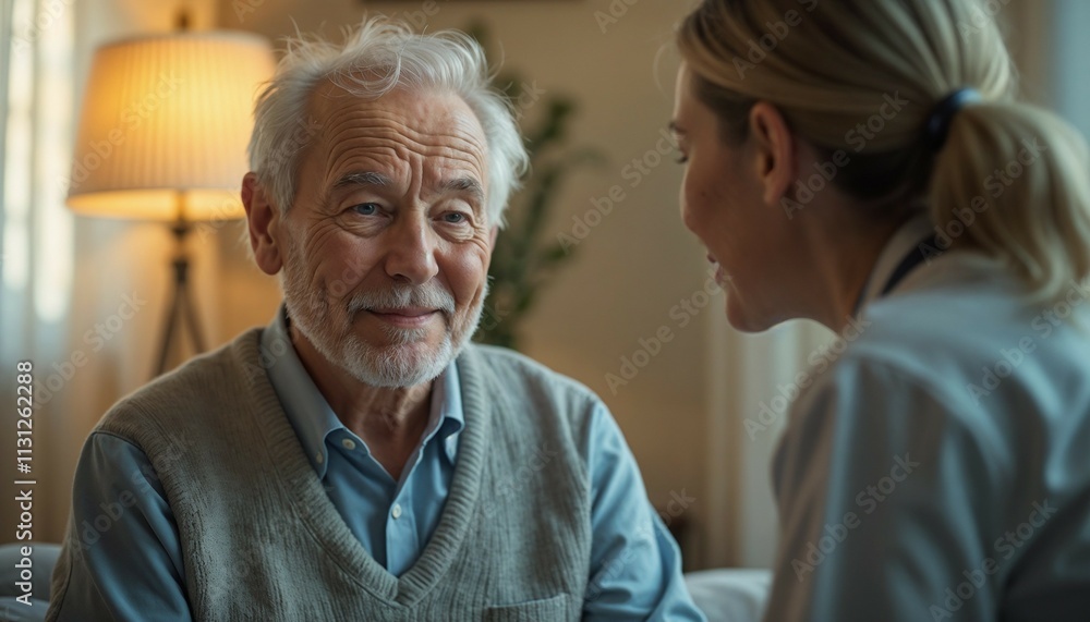Smiling elderly man enjoying a heartfelt conversation with a compassionate caregiver at home Smiling elderly man enjoying a heartfelt conversation with a compassionate caregiver at home