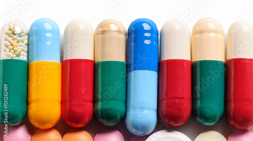 Close-up of colorful capsules arranged in a neat row photo