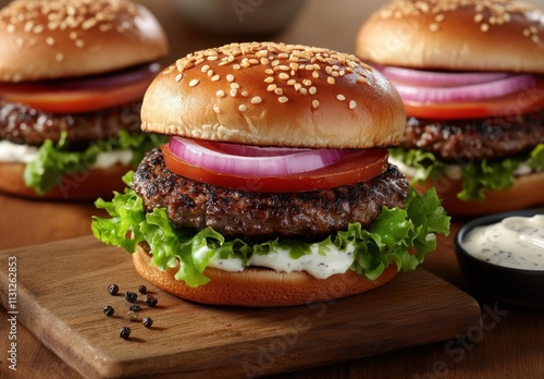 Juicy Grilled Burger with Fresh Toppings on a Wooden Board, Perfect for Summer Barbecues, Delicious Meal Concept, Mouthwatering Presentation, Fast Food Delight photo