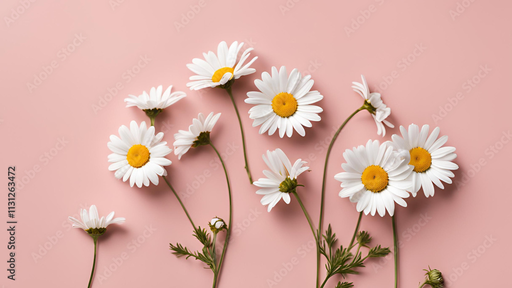 Obraz premium A setting filled with daisy flowers against a pink backdrop