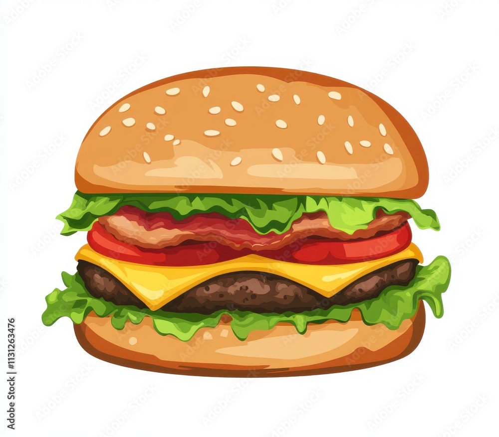 Juicy Hamburger with Layers of Fresh Ingredients Including Lettuce, Tomato, Cheese, and Bacon Served in a Soft Sesame Seed Bun Perfect for Fast Food Lovers Juicy Hamburger with Layers of Fresh Ingredients Including Lettuce, Tomato, Cheese, and Bacon Served in a Soft Sesame Seed Bun Perfect for Fast Food Lovers