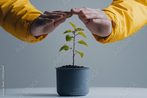 Hands in yellow sleeves gently encircle a potted green plant symbolizing care growth and environmental sustainability
 photo