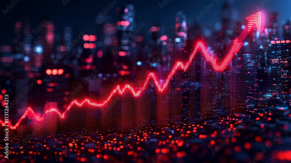 a red arrow pointing up in front of a city at night a red arrow pointing up in front of a city at night