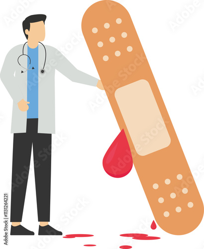 The physician, specialist holds a big sign - Close up Adhesive plaster covering dripping blood. Flat vector illustration

