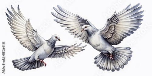 A unique black and white vector sketch of two flying doves, ideal for urban exploration photography clipart, capturing a sense of freedom and artistic expression. photo